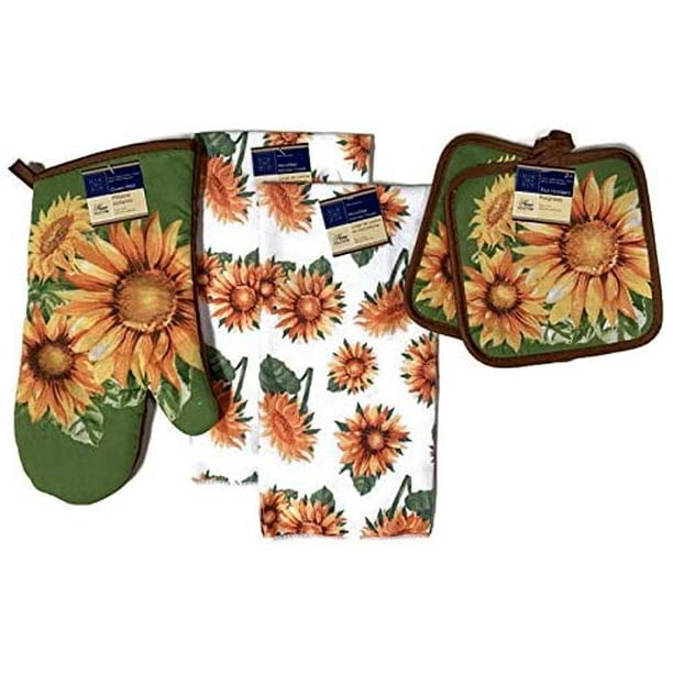 Home Collection Sunflower Kitchen Linen Bundle 1 Quilted Pot Holders, 2 Kitchen Towels 1 Oven
