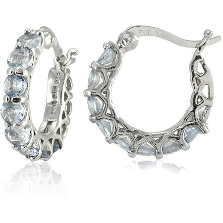 Aquamarine Hoop Earring - Aquamarine Sterling Silver Small Round Huggie Hoop Earrings