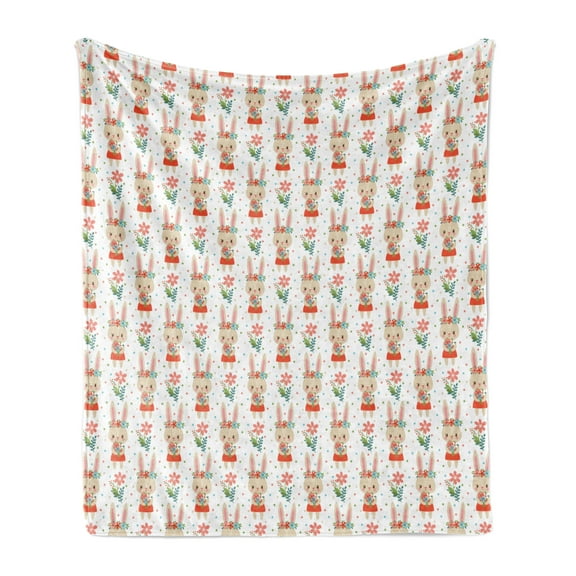 Easter Soft Flannel Fleece Throw Blanket, Baby Bunny Holding a Blossoming Bouquet Rabbit in Spring Season Childhood Theme, Cozy Plush for Indoor and Outdoor Use, 70" x 90", Multicolor, by Ambesonne
