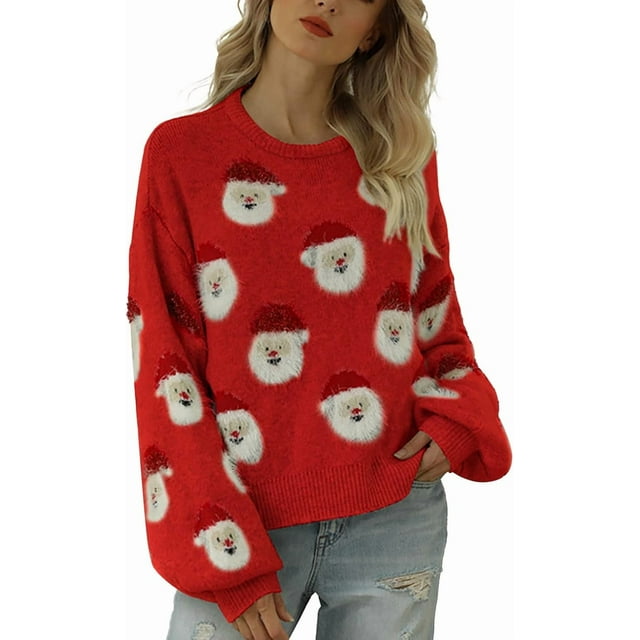 Chandails de Noël Laids pour Femmes Chandail-Over Tricoté Col Rond Laid pour Fête