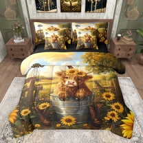 Homewish Animal Highland Cow Twin Bedding Sets 7-Piece for Boys Girls,Chic Floral Sunflowers Bedding Comforter Set Microfiber,Vintage Farmhouse Cattle Breathable Sheet Sets,Breathable Home Decor