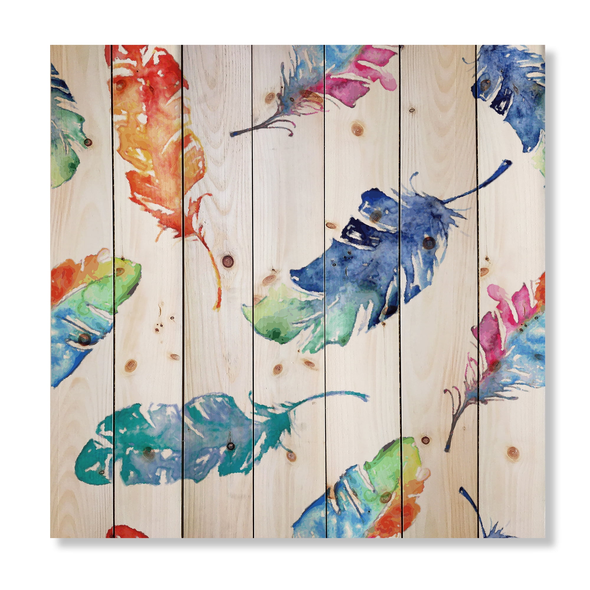 Designart 'Ethnic Colorful Feathers' Bohemian & Eclectic Print on Natural Pine Wood