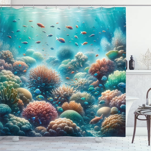 Ambesonne Coastal Shower Curtain, Underwater Reef Scene Fish, 69"Wx84"L, Turquoise Salmon and Green