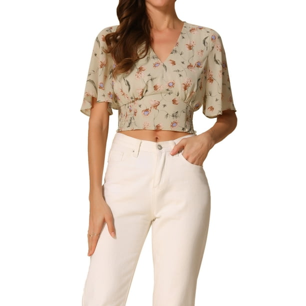 INSPIRAR CHIC Blusas Cortas de Manga Corta con Cuello en V de Verano con Estampado Floral L Amarillo Claro
