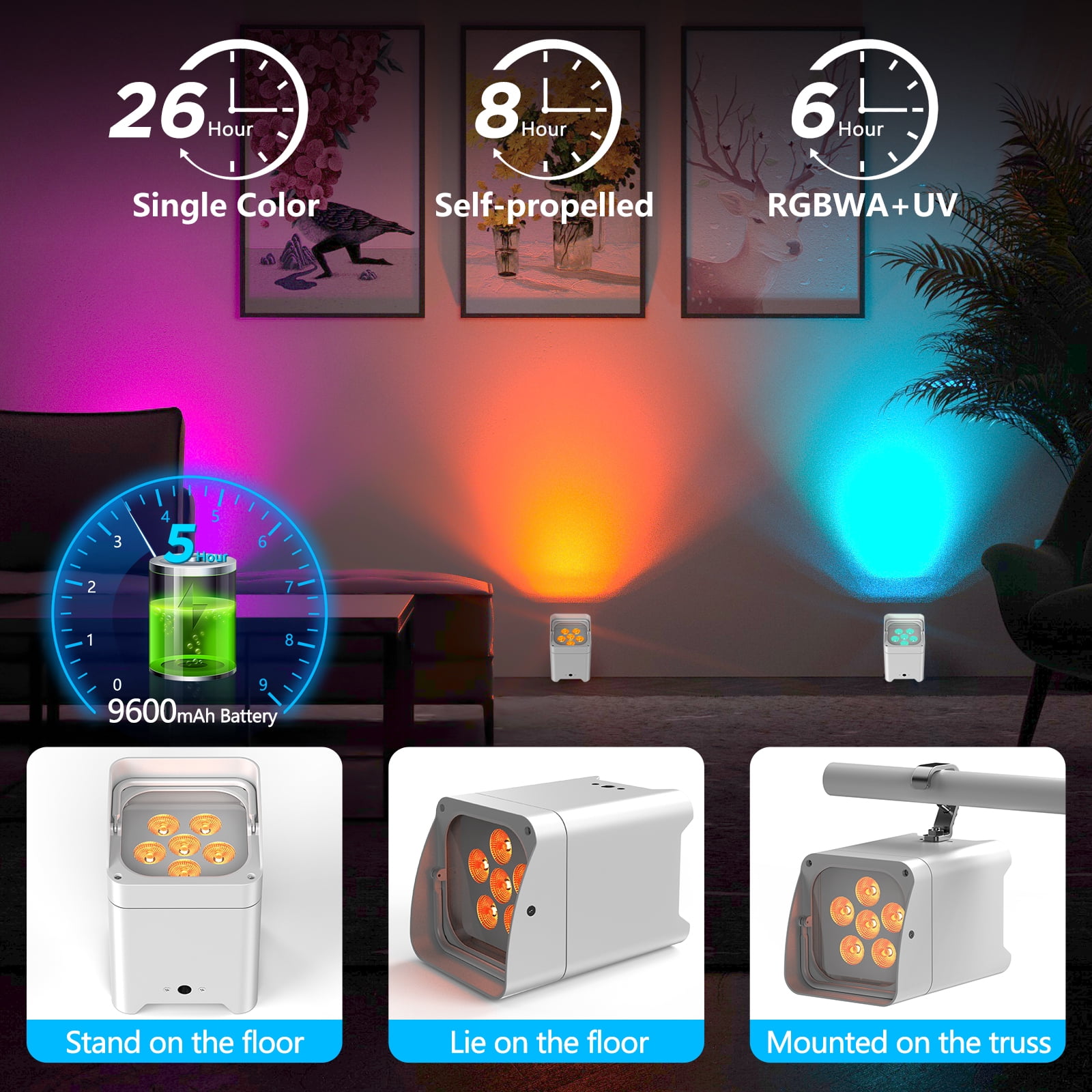 4Pack 108W Battery LED Par Spotlight Rechargeable RGBWA+UV WiFi/DMX/APP Stage Light w/ 1 Bag, White