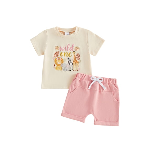 BemeyourBBs Baby Boy Girls First Birthday Outfit Wild One Years Old Birthday Summer Clothes Short Sleeve Letters Zoo Animals Print T Shirt Tops and Elastic Waist Pockets Shorts Set