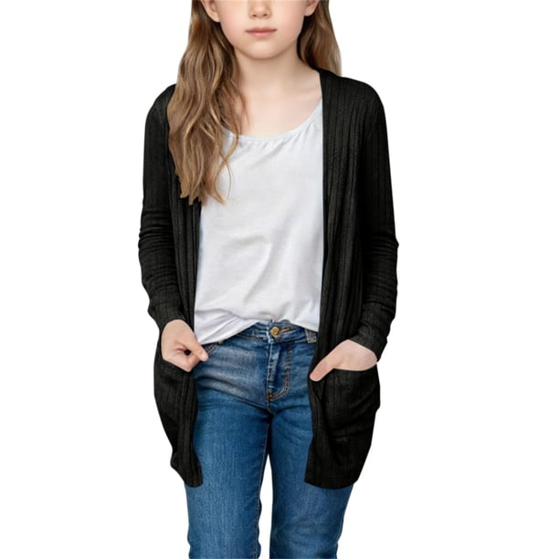 Suéter de manga larga de color liso para niños, chaqueta ligera, informal, cómoda y con bolsillos, blusa de poliéster para niños