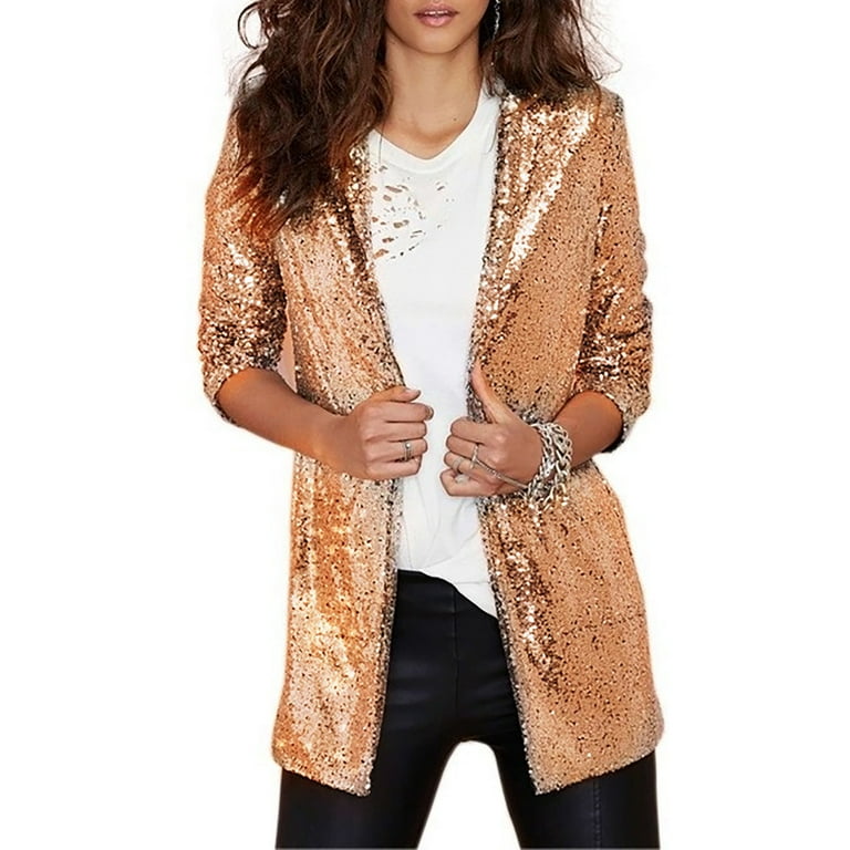 Huaai Women s Gold Sequin Dress Jacket Buttonless Nightclub Stage Outfit Bar Graduation Party Coat Size L Walmart