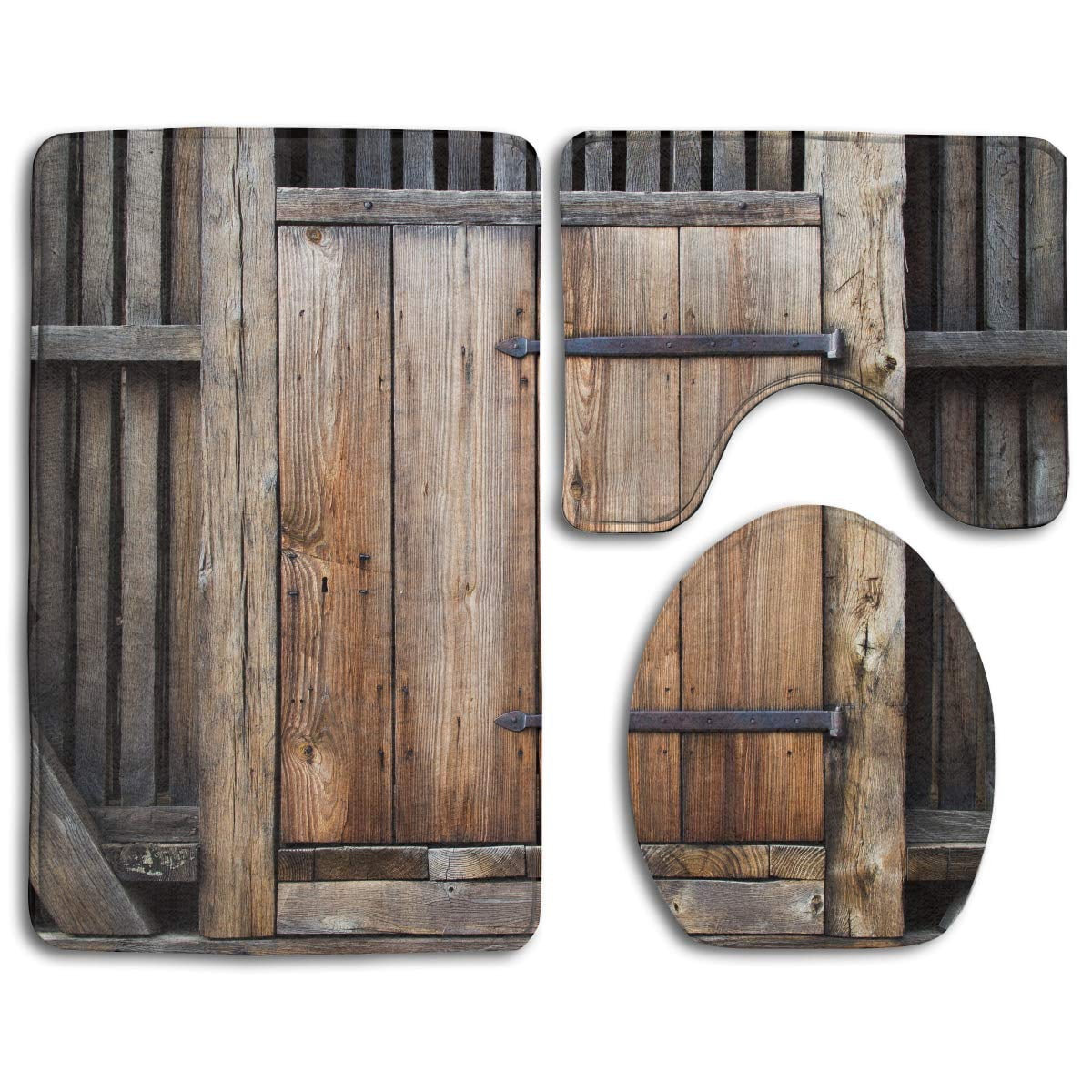 CHAPLLE Antique Rustic Wooden 3 Piece Bathroom Rugs Set Bath Rug Contour Mat and Toilet Lid