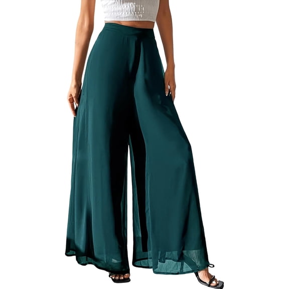 Cagogo Women's High Waisted Palazzo Pants Flowy Casual Long Trousers Summer Travel Beach Lounge Wide Leg Elastic Waist Cropped Bloomer Fashion, Green 2XL