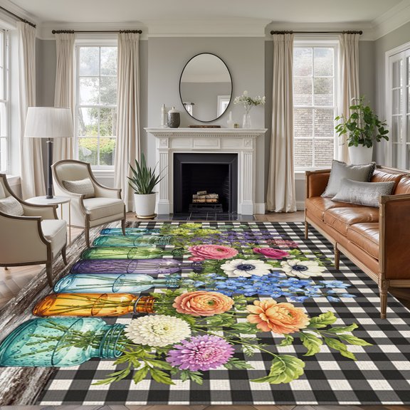 Flowers 5'x7' Area Rug, Botanical Blossom Floral Branches Black Lattice Washable Non-Slip Soft Rugs, Low-Pile Large Carpet for Living Room Bedroom Dining Room, Non-Shedding Accent Rug
