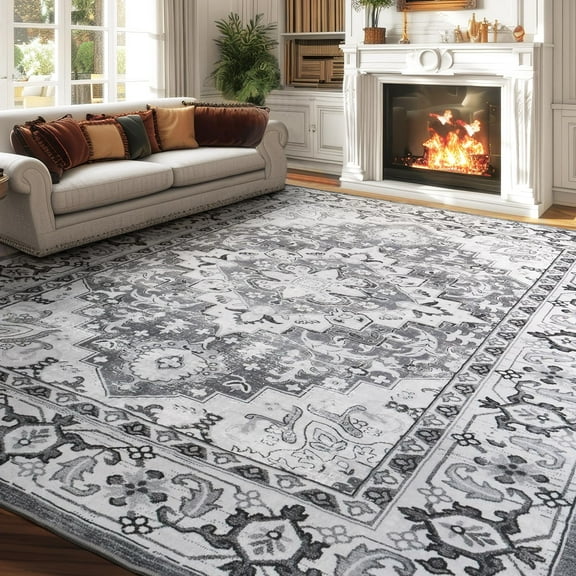 8 x 10 Area Rugs for Living Room- Machine Washable Area Rugs Boho Faux Wool Low Pile Area Rug for Bedroom, Floral Medallion Vintage Rugs with Non-Slip Rubber, Kid & Pet Friendly, Grey White