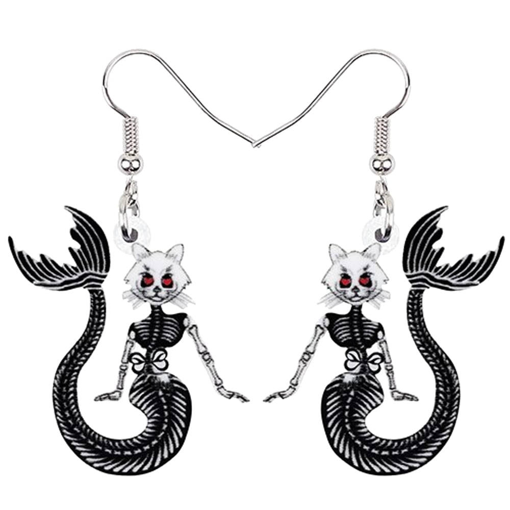 Cat Mermaid Skeleton Earring Earrings Acrylic Death Skeleton Women Bone Dia De Los Muertos Spooky Halloween Sabrina Binx Hocus Pocus Teenage Witch Horror Cute Lucifer Day of the Dead Goth Rose Flower