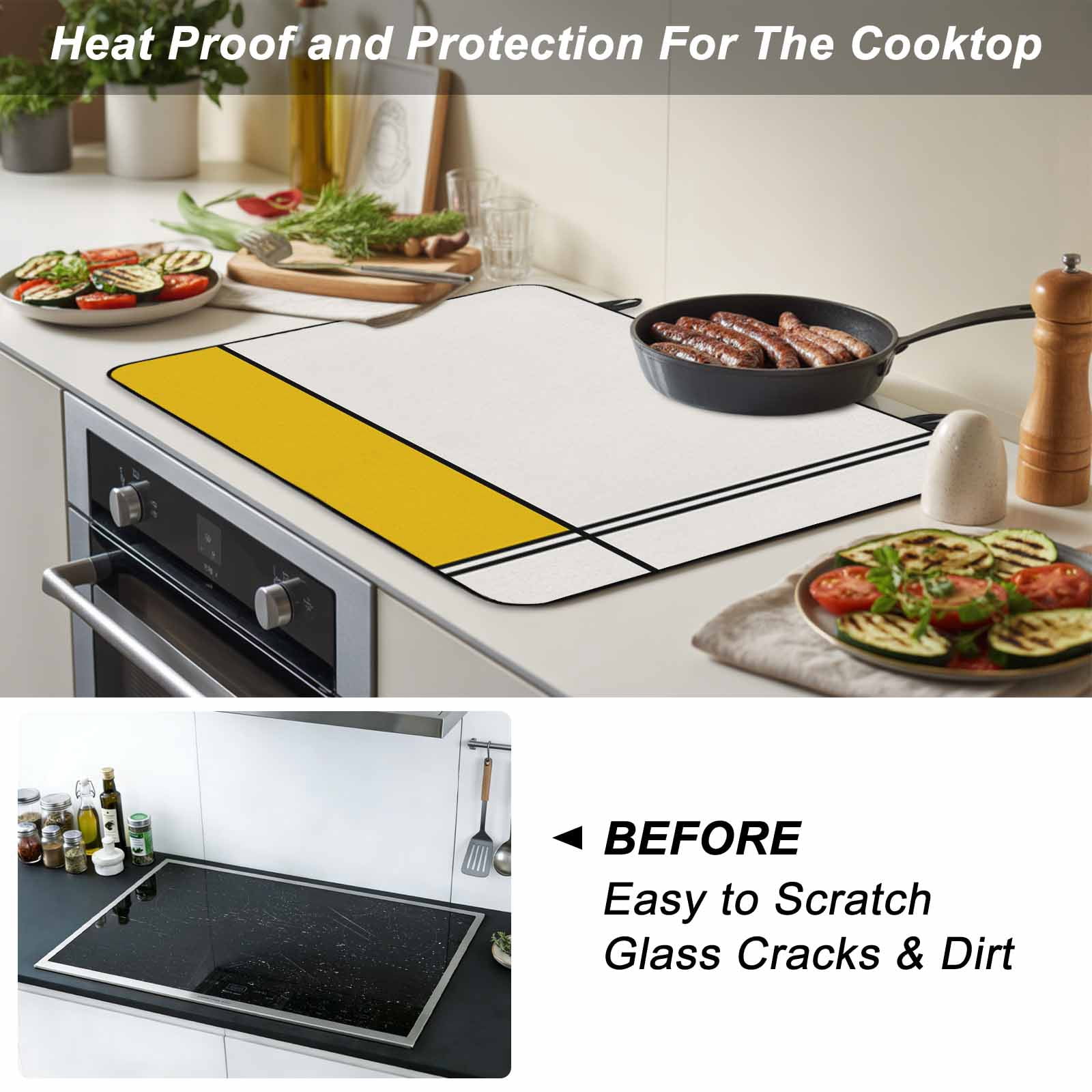 Geomrtic Yellow, Stove Top Cover for Electric Stove, Heat-proof & Non Slip Glass Top Stove Cover Protector, Abstract Stripes Patckwork Modern Art Kitchen Flat Cooktop Rubber Mat 24x21 Inches