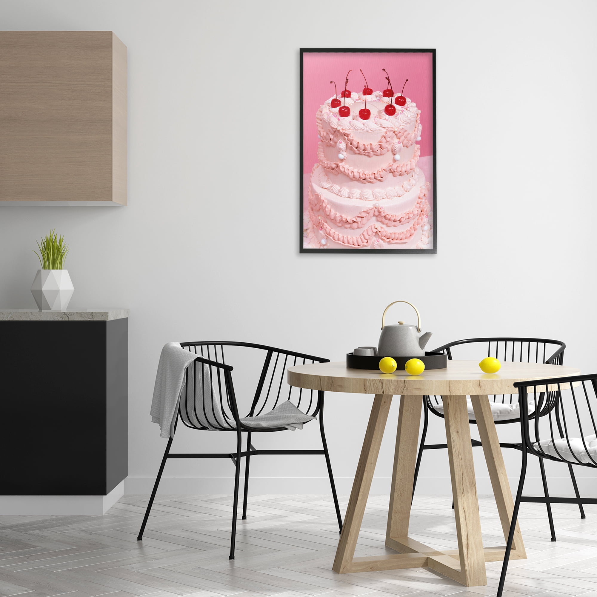 Stupell Industries Pink Cherries Cake Food & Beverage Painting Black Framed Art Print Wall Art, 20 x 30
