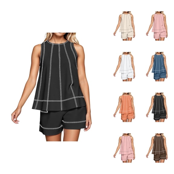 Short Sets for Women Cotton Linen Loose Fit Sleeveless Crewneck Tank Top and Shorts 2 Piece Matching Set Lounge Set