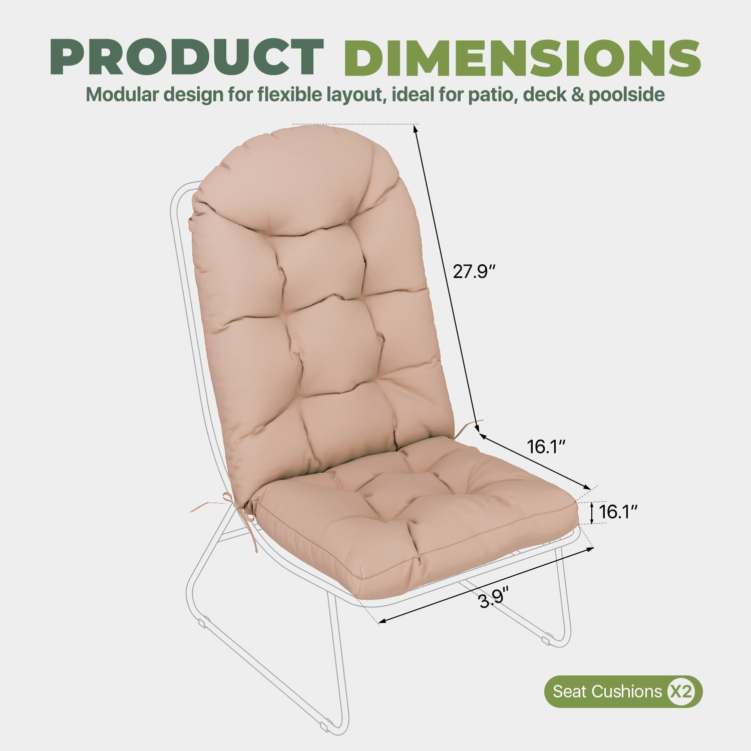 BaPiPro High Back Outdoor Chair Cushions Khaki Set of 2 Water-Resistant Polyester with Ties No Assembly Patio Poolside
