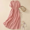 thumbnail image 6 of Xqxayjr Summer Short Sleeve Graduation Dresses for Women Under $5 Plus Size Vintage Cotton Linen Pleated Flowy Midi Sun Dress Round Neck Holiday Work Dresses, 6 of 9