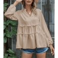 thumbnail image 2 of Mandarin Collar V Neck Bishop Sleeve Ruffle Hem Blouse for Women, 2 of 2