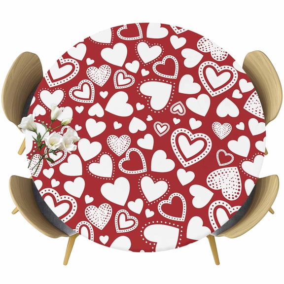 Red Love Heart Valentine Round Tablecloth 45-54 Inch Round Fitted Table Cloth with Elastic Edge, Red Love Heart Waterproof Table Cover Protector for Outdoor Picnic Party Dining