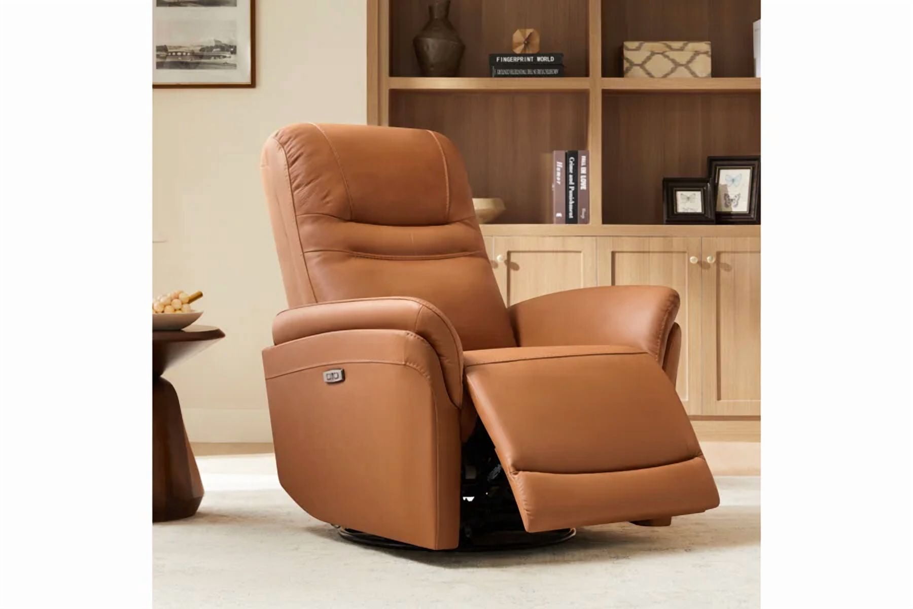 Spruce & Spring Premium Genuine Leather Swivel Gliding Power Recliner 1 Piece Indoor Use Brown Fabric