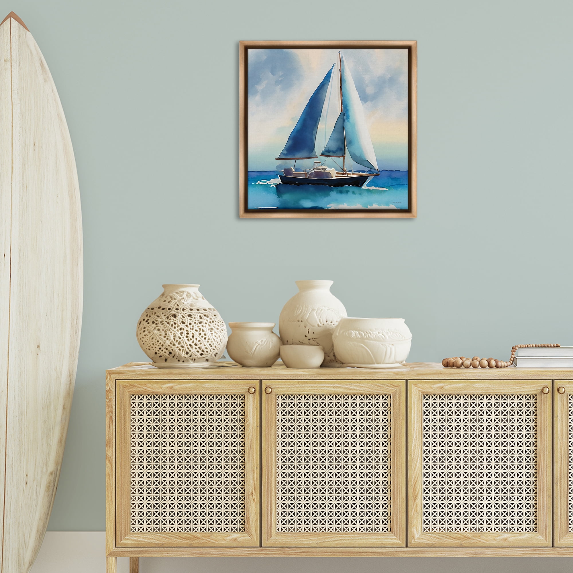 Stupell Industries Watercolor Style Sailboat Nautical & Beach Painting Brown Floater Framed Canvas Art Print Wall Art, 25 x 25