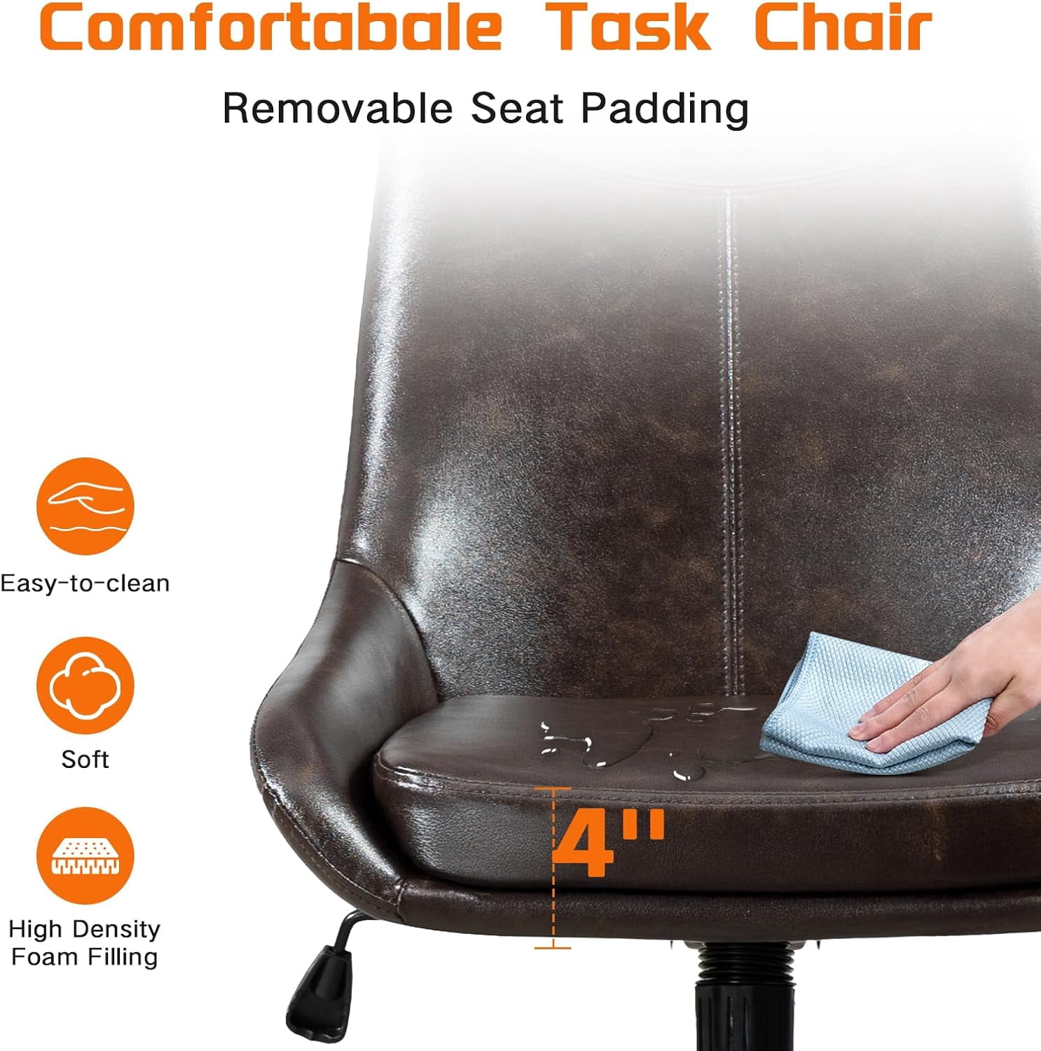Faux Leather Home Office Chair，Comfortable Armless Task Chair Swivel Rolling Adjustable Height Home Office