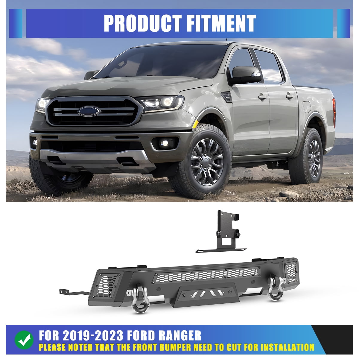 Heavy Duty Steel Front Bumper Fit for 2019 2020 2021 2022 2023 Ford Ranger,Front Bumper with ACC Module Relocation Bracket,Black Powder Coated
