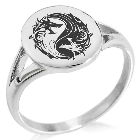 Tioneer Stainless Steel Tribal Dragon Yin Yang Minimalist Oval Top Polished Statement Signet Ring