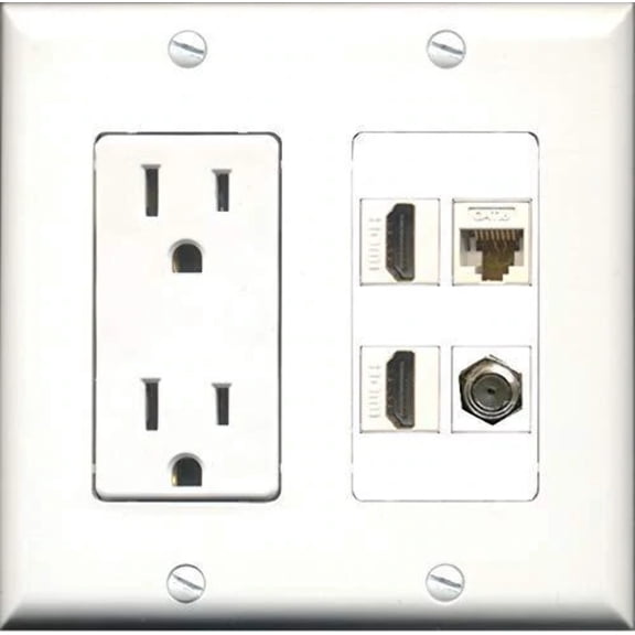 Ultra Spec Cables 2 Gang 15 Amp Power Outlet 2 Port HDMI 1 x Cat6 F/F 1 x Coax Wall Plate