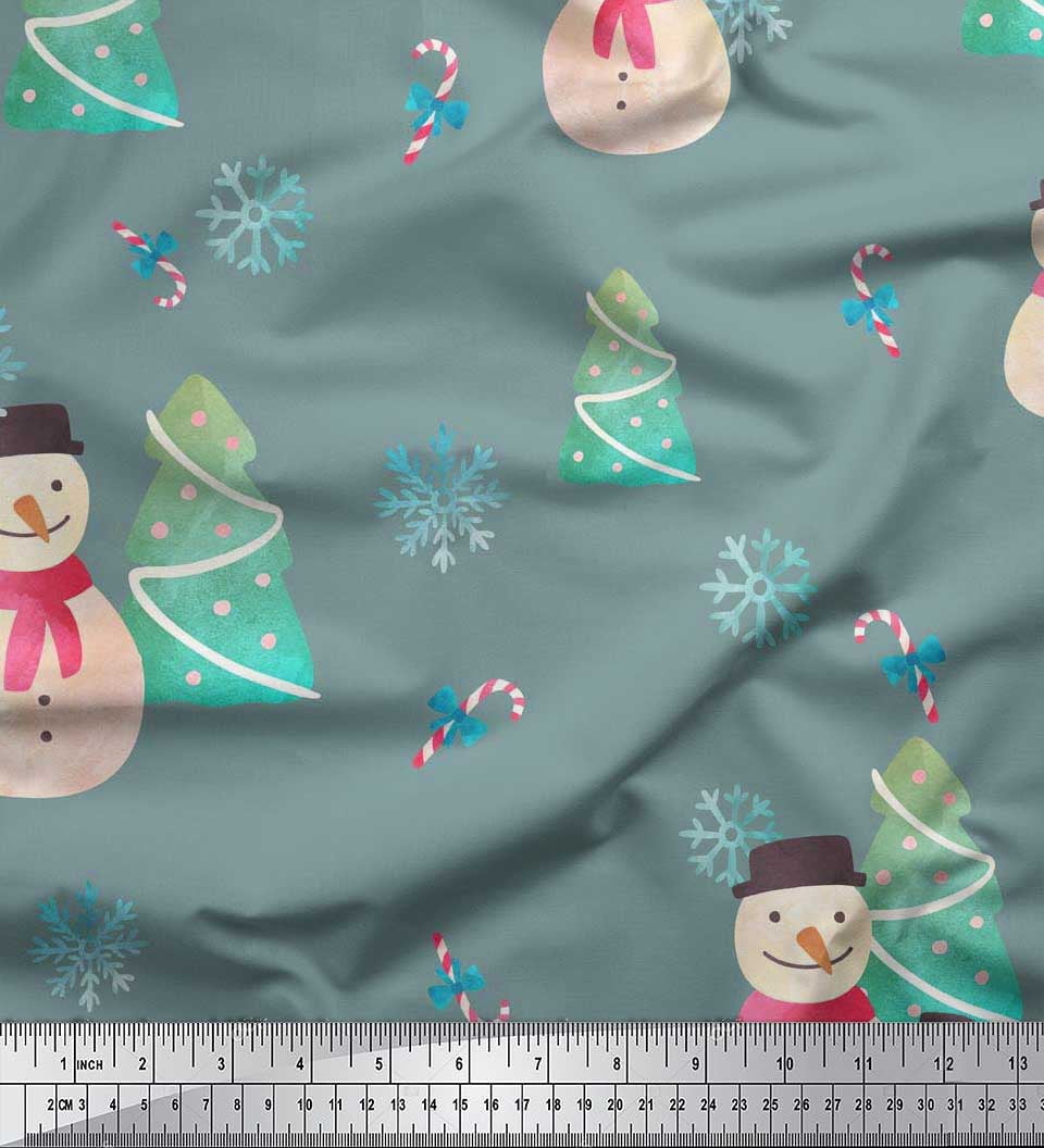 Soimoi Green Velvet Fabric Snowman & Tree Christmas Printed Fabric 1 Yard 58 Inch Wide