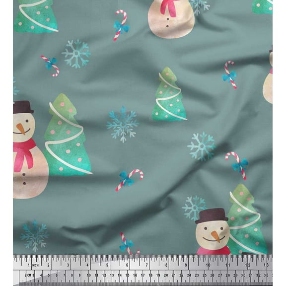 Soimoi Green Cotton Duck Fabric Snowman & Tree Christmas Print Fabric by the Yard 42 Inch Wide