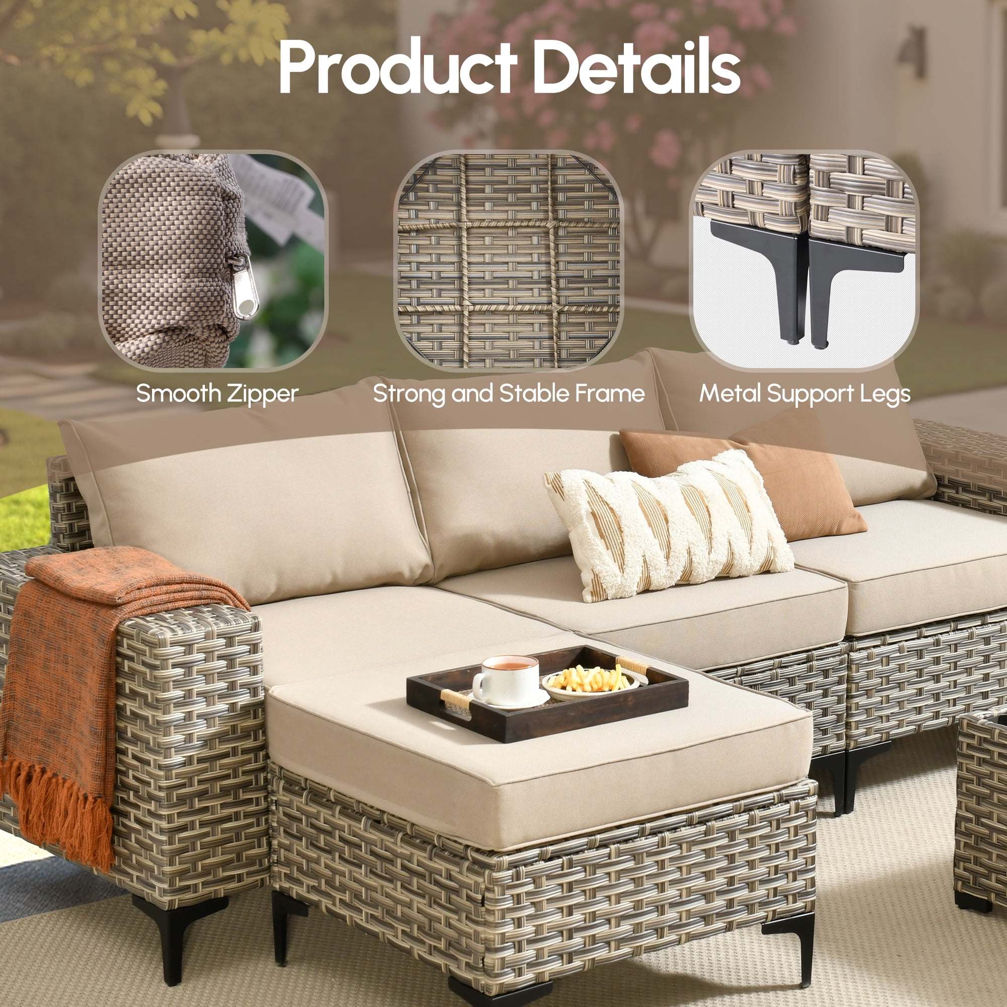 Vcatnet Outdoor Patio Furniture 5 Pieces Wicker Conversation Set Sectional Sofa with Coffee Table and Ottoman, Beige