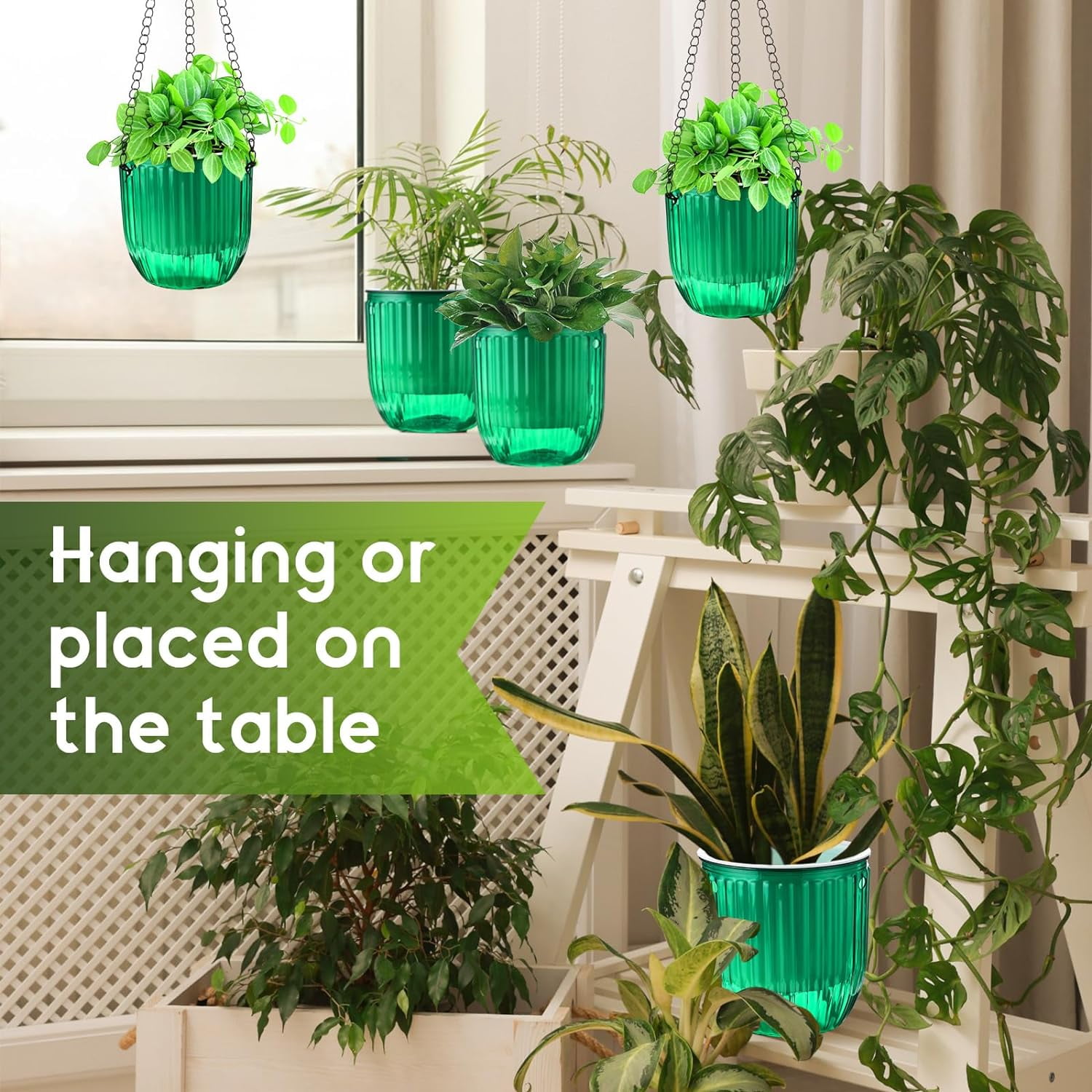 3 Pack 4.5 Inch Self Watering Hanging Planter, Hanging Planters for Indoor Plants Basket Bulk Outdoor Plastic Hanging Plant Pots with 3 Hook Chains Drainage Holes for Garden Home(Green)
