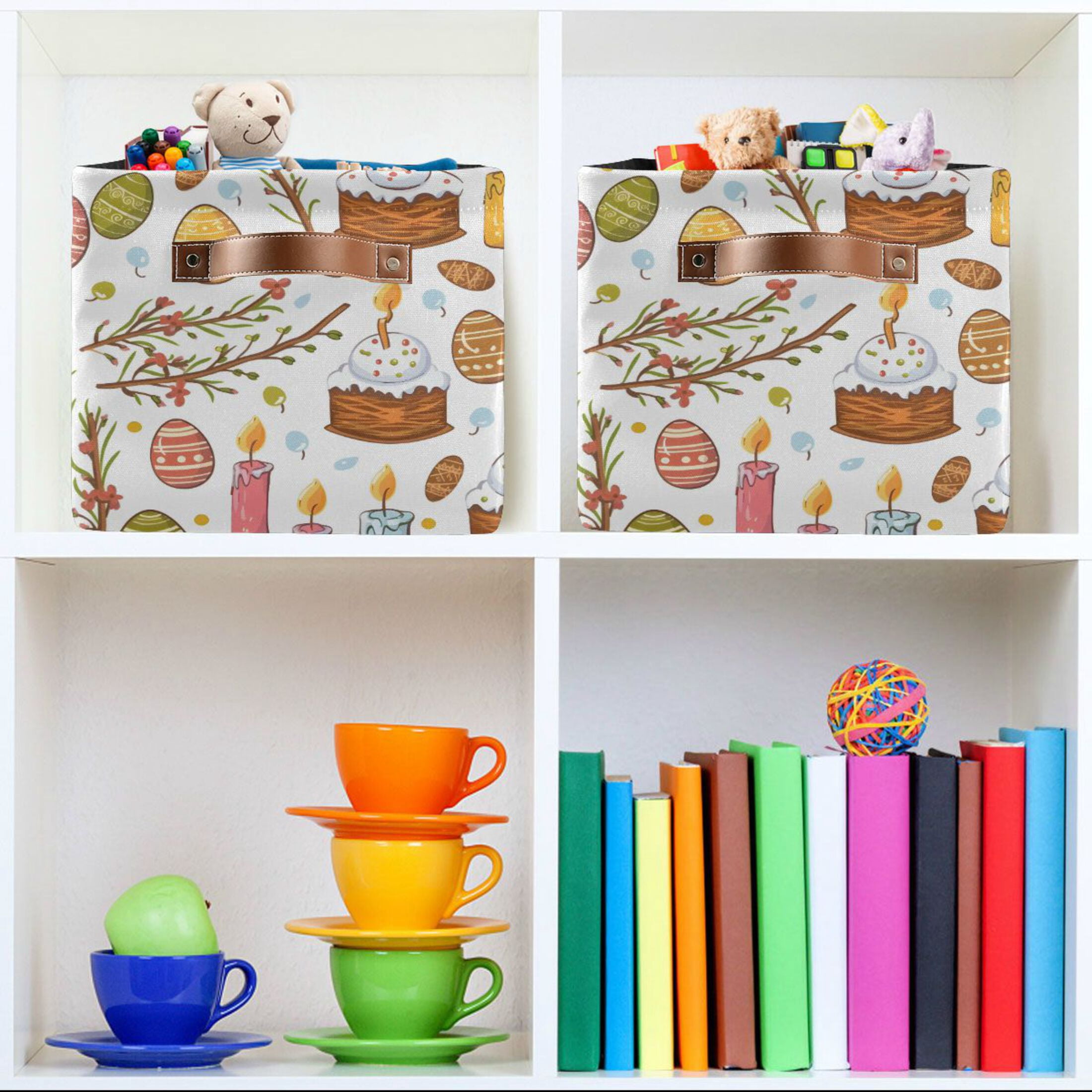 Easter Egg Cake Branches Storage Bins with Handle Fabric Organizer Basket Foldable Box 2 Pack 14.2x10.2x8.3