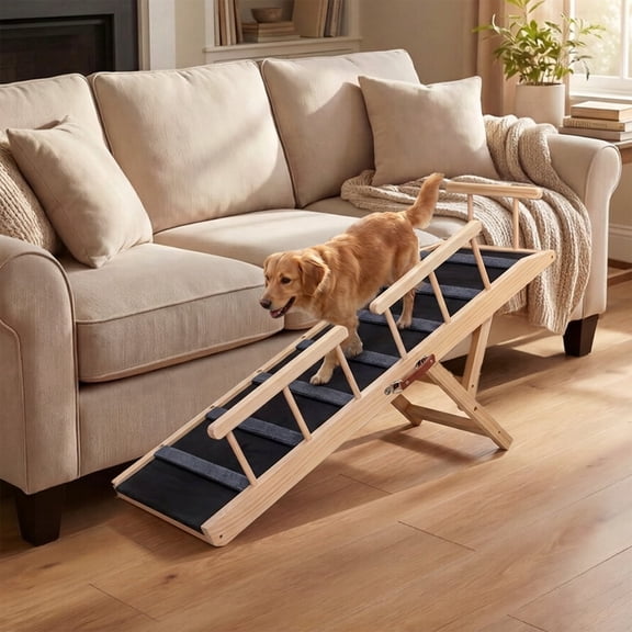 Dog Ramp for Bed & Couch, Dog Ramp with Rails,47.24" Long Wooden, 3 Detachable Rails, 6-Level Adjustable Heights (13.5"-27.8"), Foldable Pet Ramp, Anti-Slip Carpet with 7 Crossbars, 200 lbs Capacity