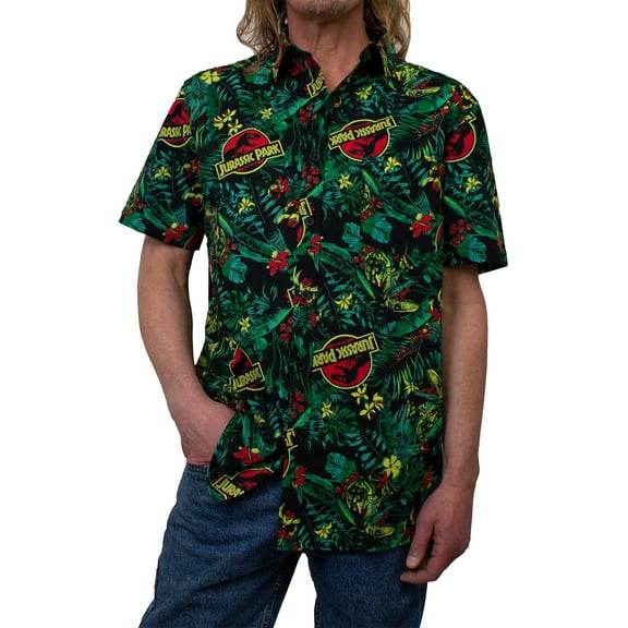 Men's Jurassic Park Classic Logo Hawaiian Print  Button Down Shirt Green X Large