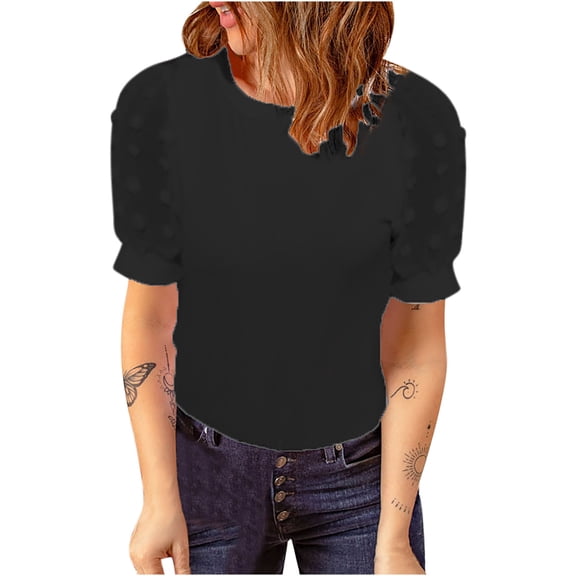 YYDGH Womens Summer Tops Crew Neck T Shirts Swiss Dot Puff Short Sleeve Tops Loose Casual Blouses Black XL