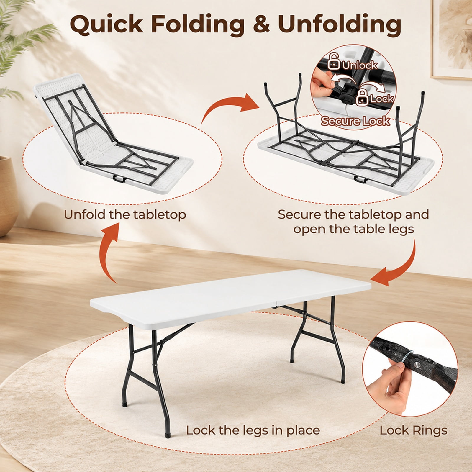 Biotree 6 FT Folding Table Plastic Fold-in-Half, Portable HDPE Camping Utility Table with Handle and 220 lbs Capacity for Party Picnic, White