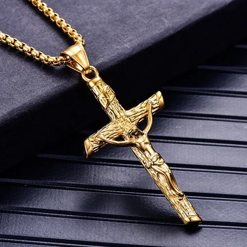 14K Yellow Gold Cross Jesus Christ Human Pendant Hip Hop Collar Chain Necklace for Women Men Gift Fashion Jewel