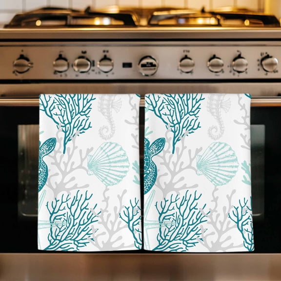 Turquoise Coastal Kitchen Towels Set of 3, Sea Turtle Nautical Coral Summer Beach Absorbent Dish Towels for Kitchen, Microfiber Hand Towel, Quick Drying Tea Towel for Cleaning Decorative Dishcloths