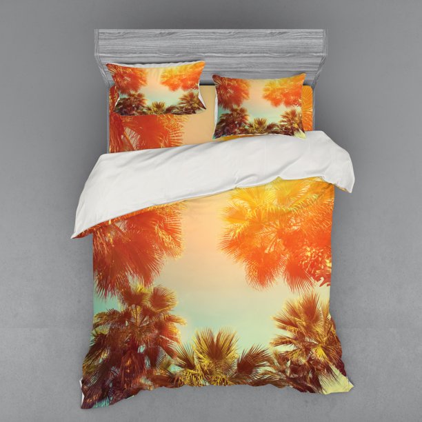 Palm Tree Duvet Cover Set, Trees in Sunlights Tranquility in Tropical