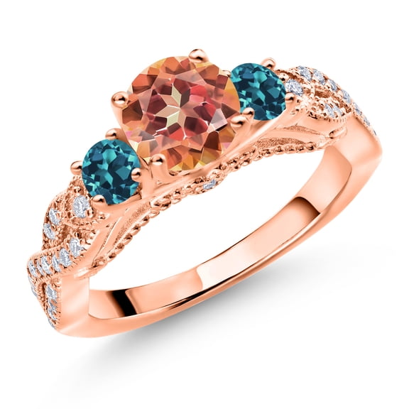 Gem Stone King 18K Rose Gold Plated Silver Ecstasy Mystic Topaz London Blue Topaz and White Moissanite Engagement Ring for Women (1.53 Cttw, Gemstone, Round 6MM and 3MM, Size 8)