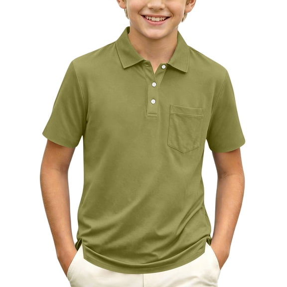 Havenx Boys'school Uniform Polo Shirts Short Sleeve Button Up Collared Polo Shirts with Pocket Moisture Wicking Tshirts Dry Fit Athletic School Uniform Casual Clothes,Camouflage Green 100(2-3Y)