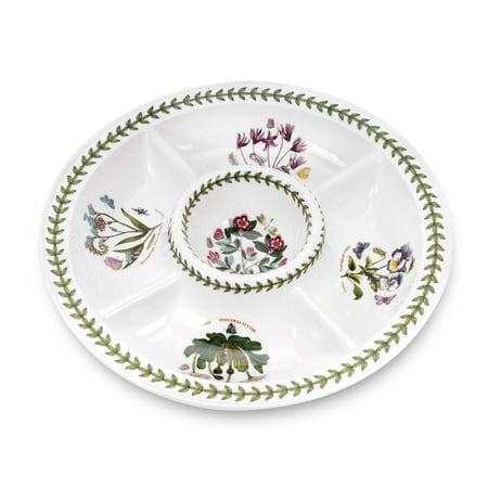 Portmeirion Botanic garden chip & Dip Set 14 Inch Round Tray for Snacks and Appetizers Assorted Floral Motifs Made from Porcelain Dishwasher Safe