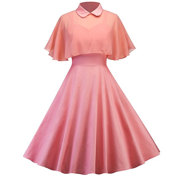 QLEICOM 1950's Dresses for Women Vintage, Stand Collar Shawl Two-Piece Dress, Stretch Slim High Waist Swing Lace Sling Dress, Audrey Hepburn Style Party Dresses Pink L