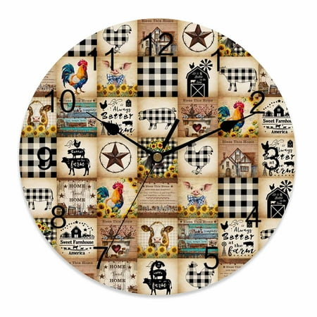 Silent Wall Clocks Battery Operated, Vintage Rustic Farmhouse Plaid Round Decorative Wall Clock for Living Room Bedroom Kitchen Bathroom Classroom Decor, 12 Inch Farm Animals Barn Stars