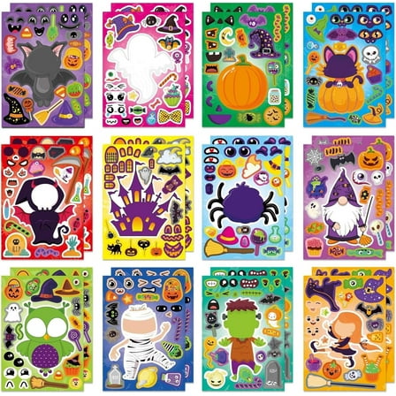 24 Sheets Halloween Make a Face Stickers for Toddler, Mix and Match Sticker Characters, Party Favor Decor Supplies