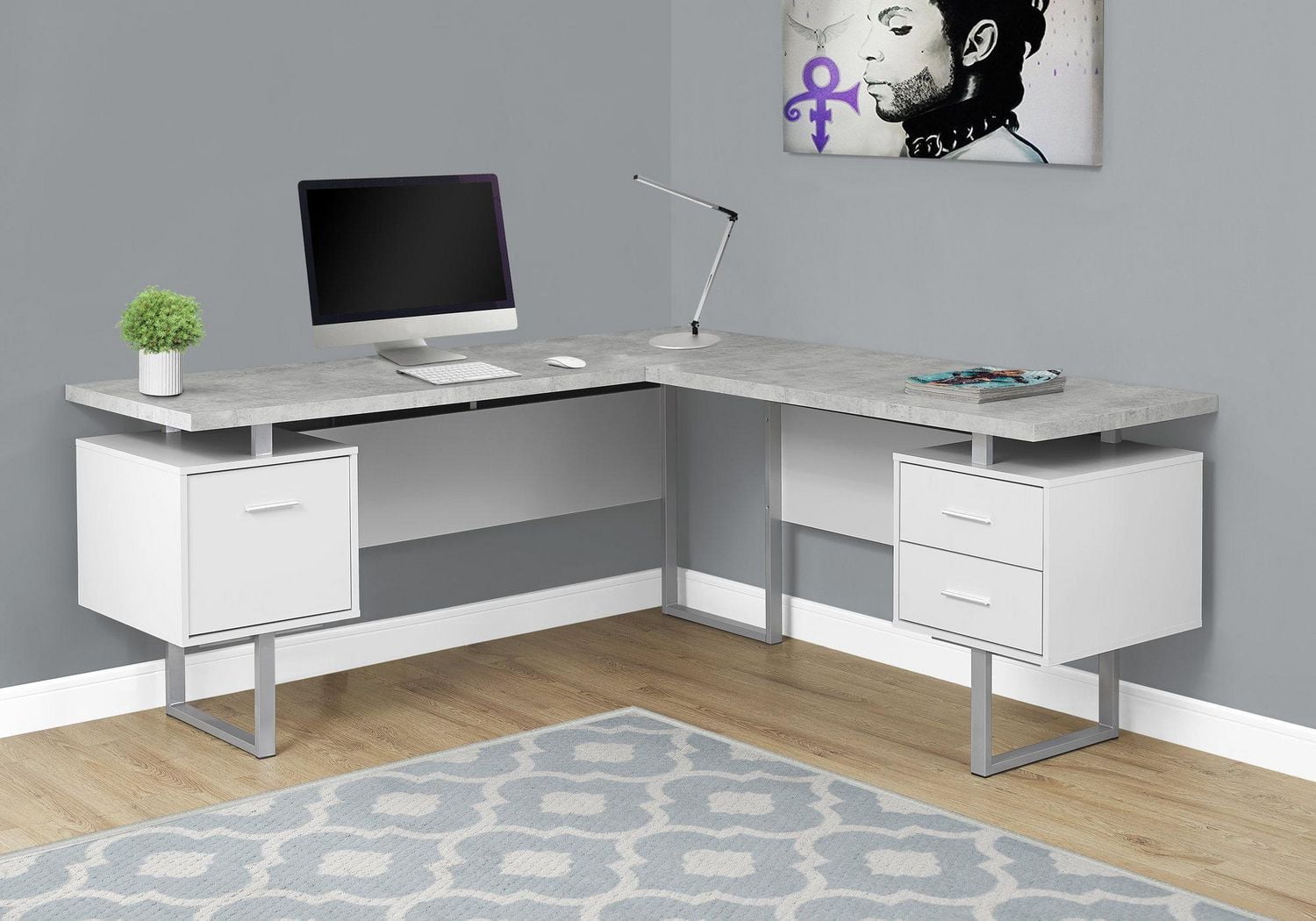 Monarch Specialties Computer Desk, Home Office, Corner, Left, Right Set-up, Storage Drawers, 70"l, L Shape, Work, Laptop, Metal, Laminate, Grey, White, Contemporary, Modern