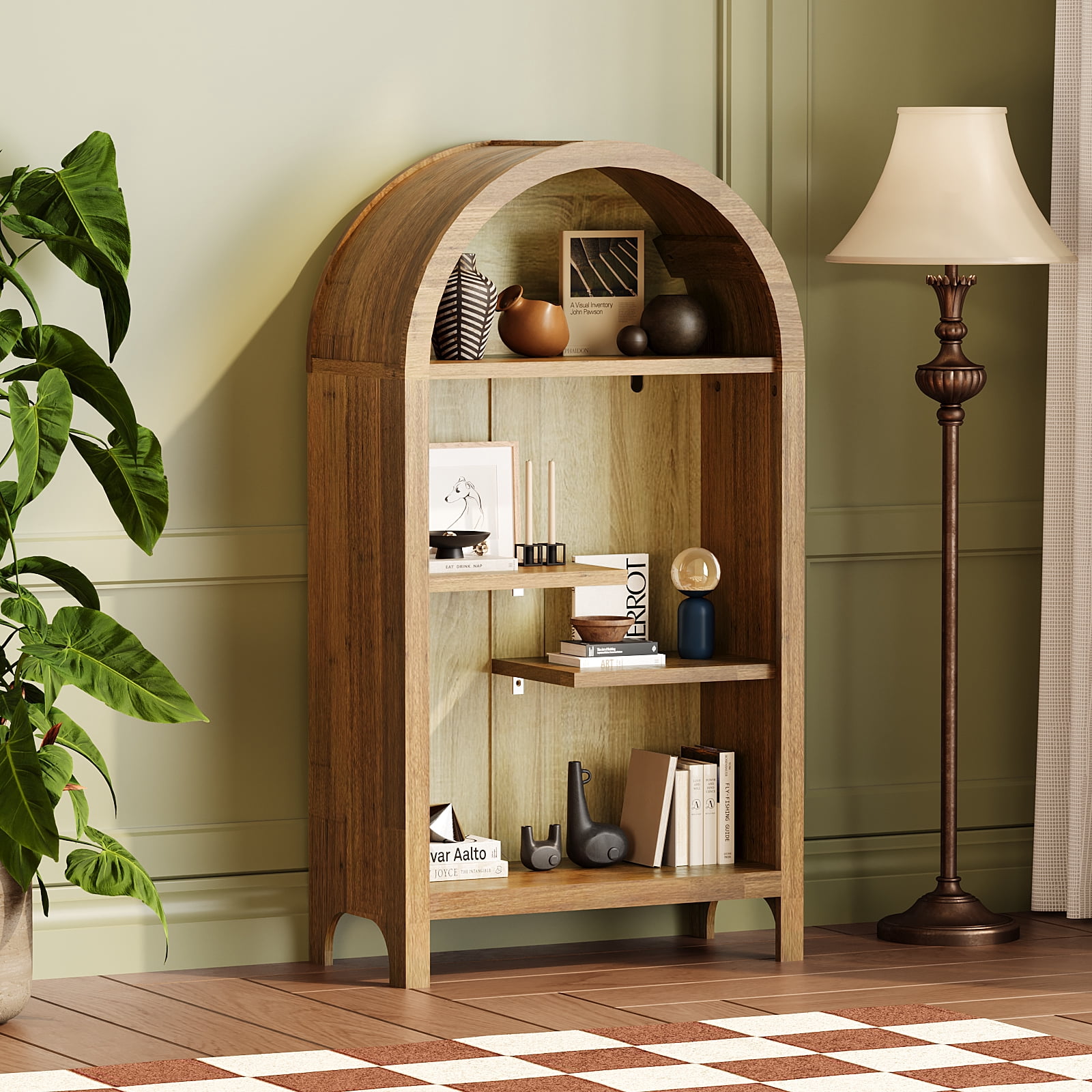 4-Tier Arched Top Freestanding Shelf, Asymmetrical Open Storage Cabinet, Wood Display Shelf for Entryway, Living Room, Bedroom, Hallway